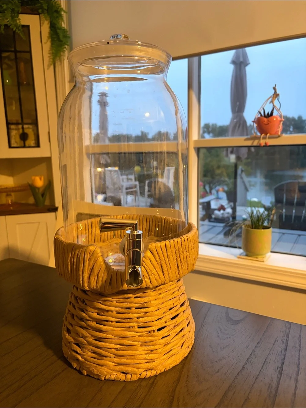 Plastic Beverage Dispenser with Woven Rattan Base - Natural Brown